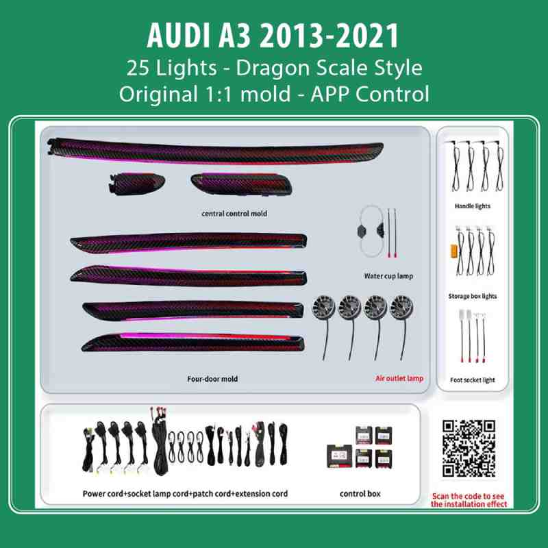 DIQ AMBIENT AUDI A3 (8V) DYN Dragon Scale Style (Digital iQ Dynamic Ambient Light Audi A3 mod. 2013-2021, 25 Lights with Airvent)