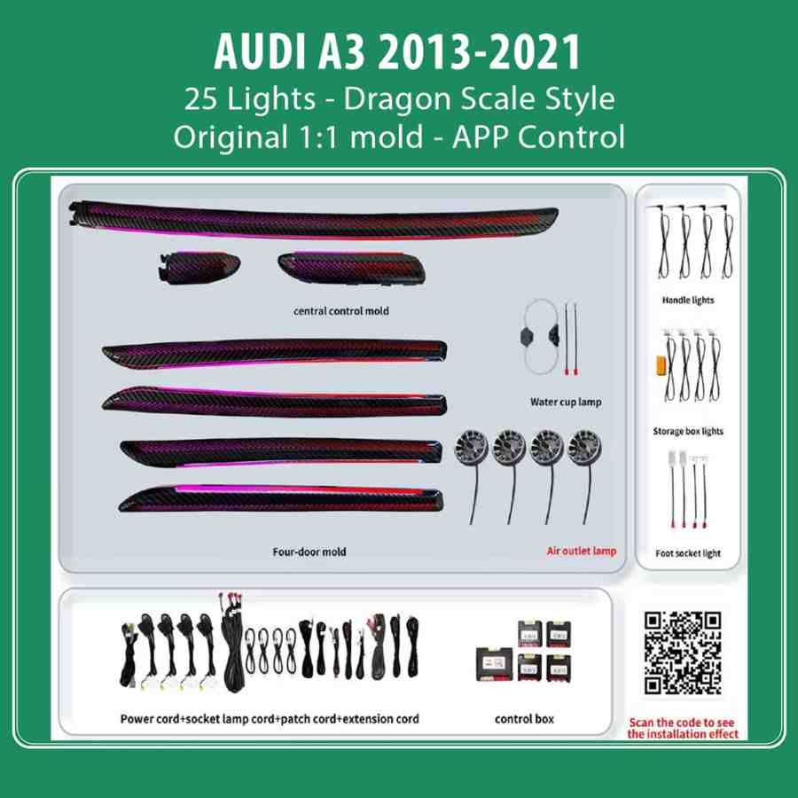 DIQ AMBIENT AUDI A3 (8V) DYN Dragon Scale Style (Digital iQ Dynamic Ambient Light Audi A3 mod. 2013-2021, 25 Lights with Airvent)