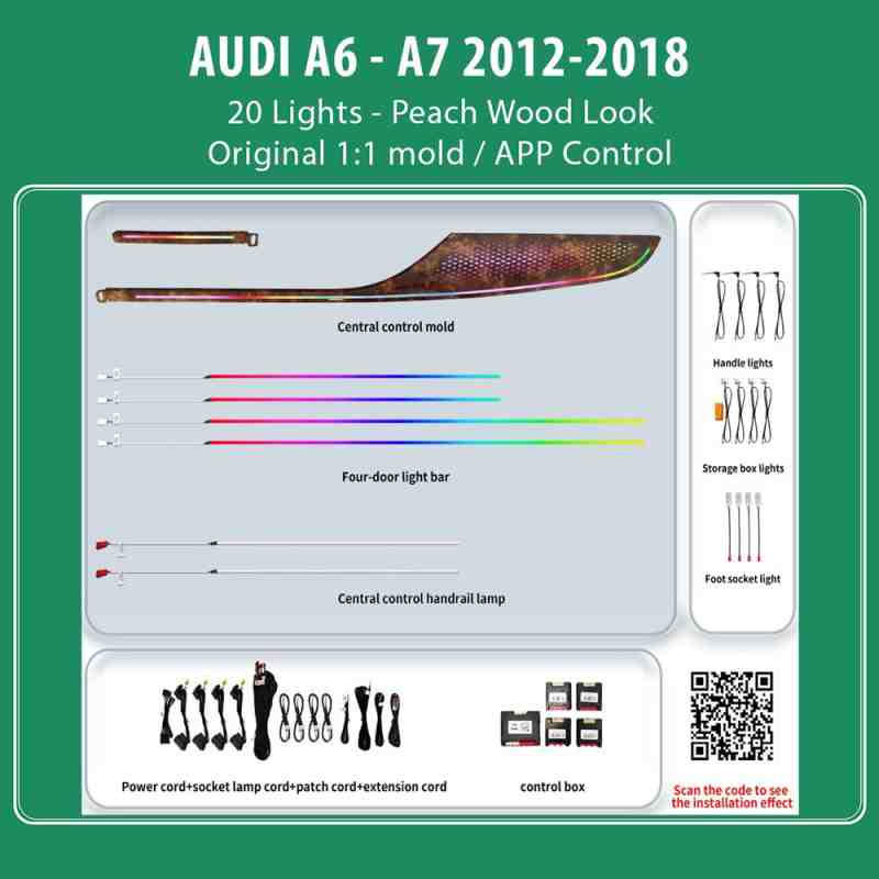 DIQ AMBIENT AUDI A6 - A7 WOOD (Digital iQ Ambient Light for Audi A6 mod. 2012-2018 with 20 Lights, Peach Wood Look)