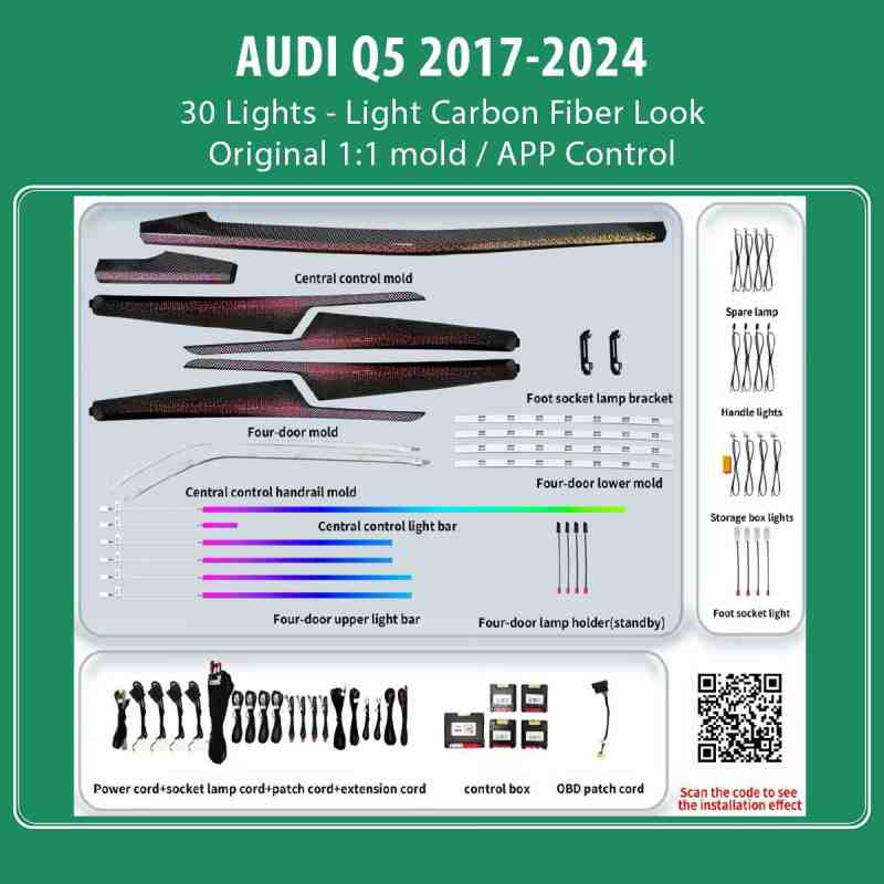 DIQ AMBIENT AUDI Q5 HC-AD22K LIGHT CF (Digital iQ Ambient Light for Audi Q5 mod. 2017-2024 with 30 Lights, Light Carbon Fiber Look)