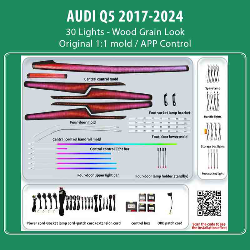 DIQ AMBIENT AUDI Q5 HC-AD22C WOOD (Digital iQ Ambient Light for Audi Q5 mod. 2017-2024 with 30 Lights, Wood Grain Look)