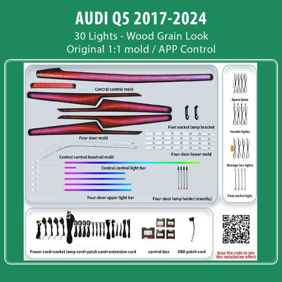 DIQ AMBIENT AUDI Q5 HC-AD22C WOOD (Digital iQ Ambient Light for Audi Q5 mod. 2017-2024 with 30 Lights, Wood Grain Look)