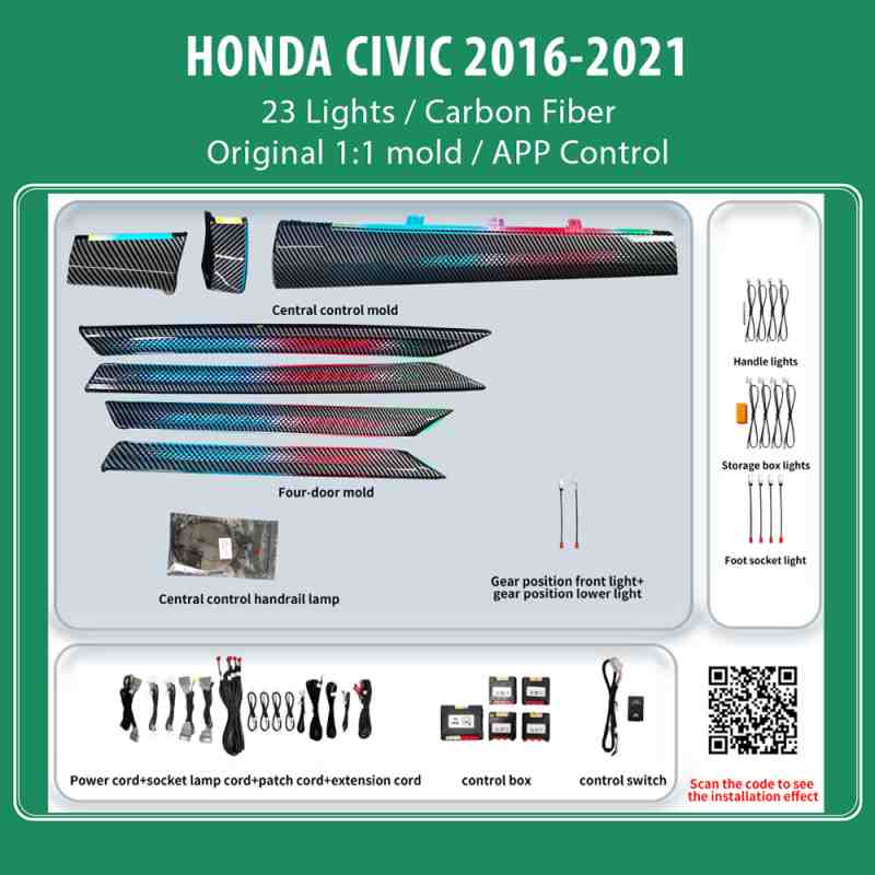 DIQ AMBIENT HONDA CIVIC Χ CF DYN (Digital iQ Ambient Light for Honda Civic mod. 2016-2021 with 23 Lights, Carbon Fiber Dynamic)