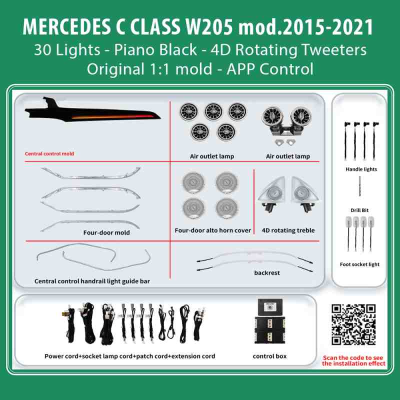 DIQ AMBIENT MERCEDES C BC10M7 (Digital iQ Ambient Light for Mercedes C (W205) mod. 2015-2021 with 30 Lights, Piano Black)