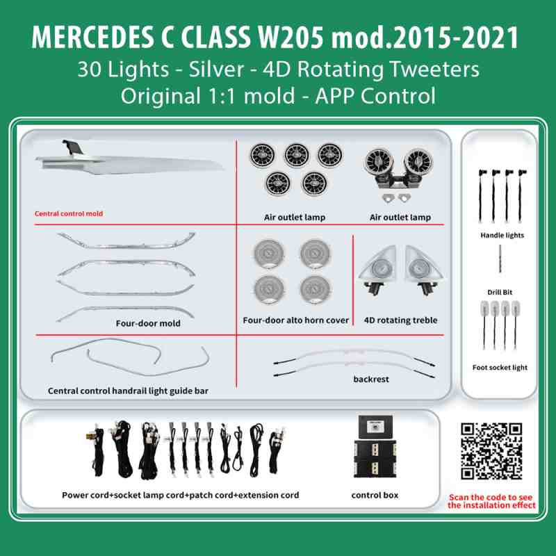 DIQ AMBIENT MERCEDES C BC10D7 (Digital iQ Ambient Light for Mercedes C (W205) mod. 2015-2021 with 30 Lights, Silver)