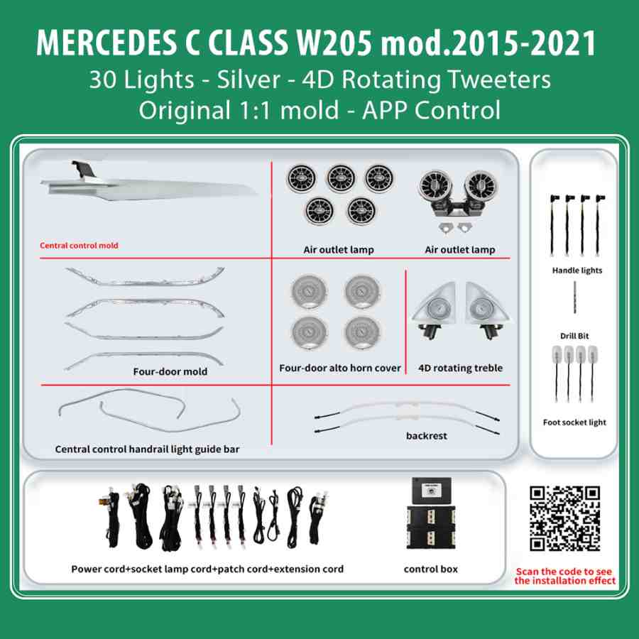 DIQ AMBIENT MERCEDES C BC10D7 (Digital iQ Ambient Light for Mercedes C (W205) mod. 2015-2021 with 30 Lights, Silver)