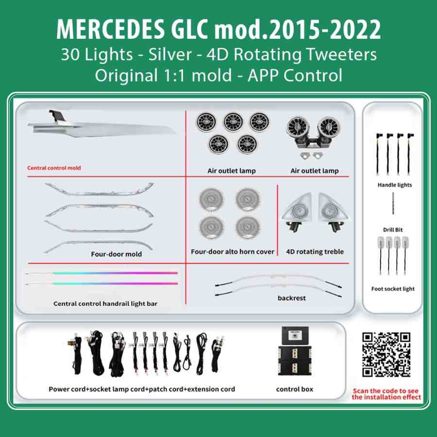 DIQ AMBIENT MERCEDES GLC BGLC10M7 (Digital iQ Ambient Light for Mercedes GLC (X253) mod. 2015-2022 with 30 Lights, Silver)