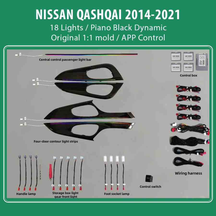 DIQ AMBIENT NISSAN QASHQAI II (PB) DYN (Digital iQ Ambient Light for NISSAN QASHQAI mod. 2014-2021 with 18 Lights) PIANO BLACK DYNAMIC